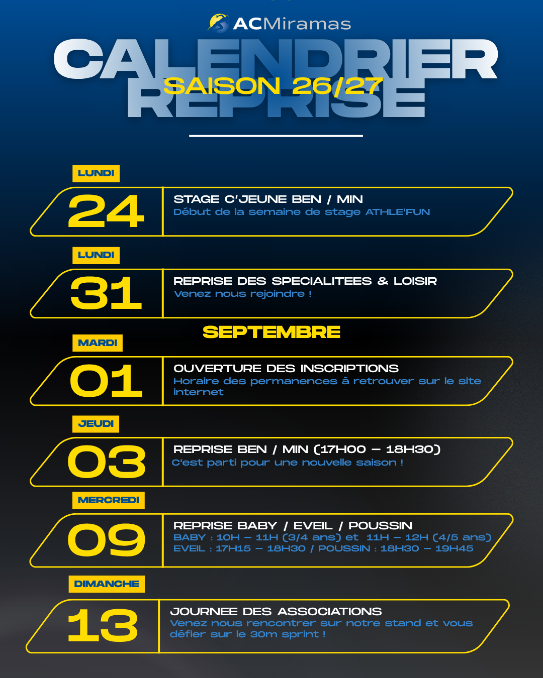 Calendrier de rentrée AC Miramas saison 26/27 - reprise des entraînements et journée des associations