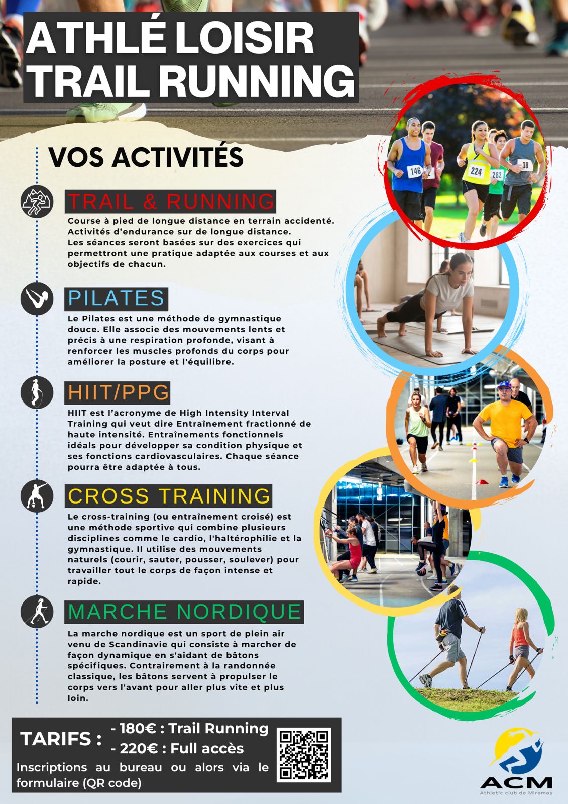 Athlé Loisir Trail Running - toutes les activités de l'ACM : trail, running, pilates, HIIT/PPG, cross training, marche nordique