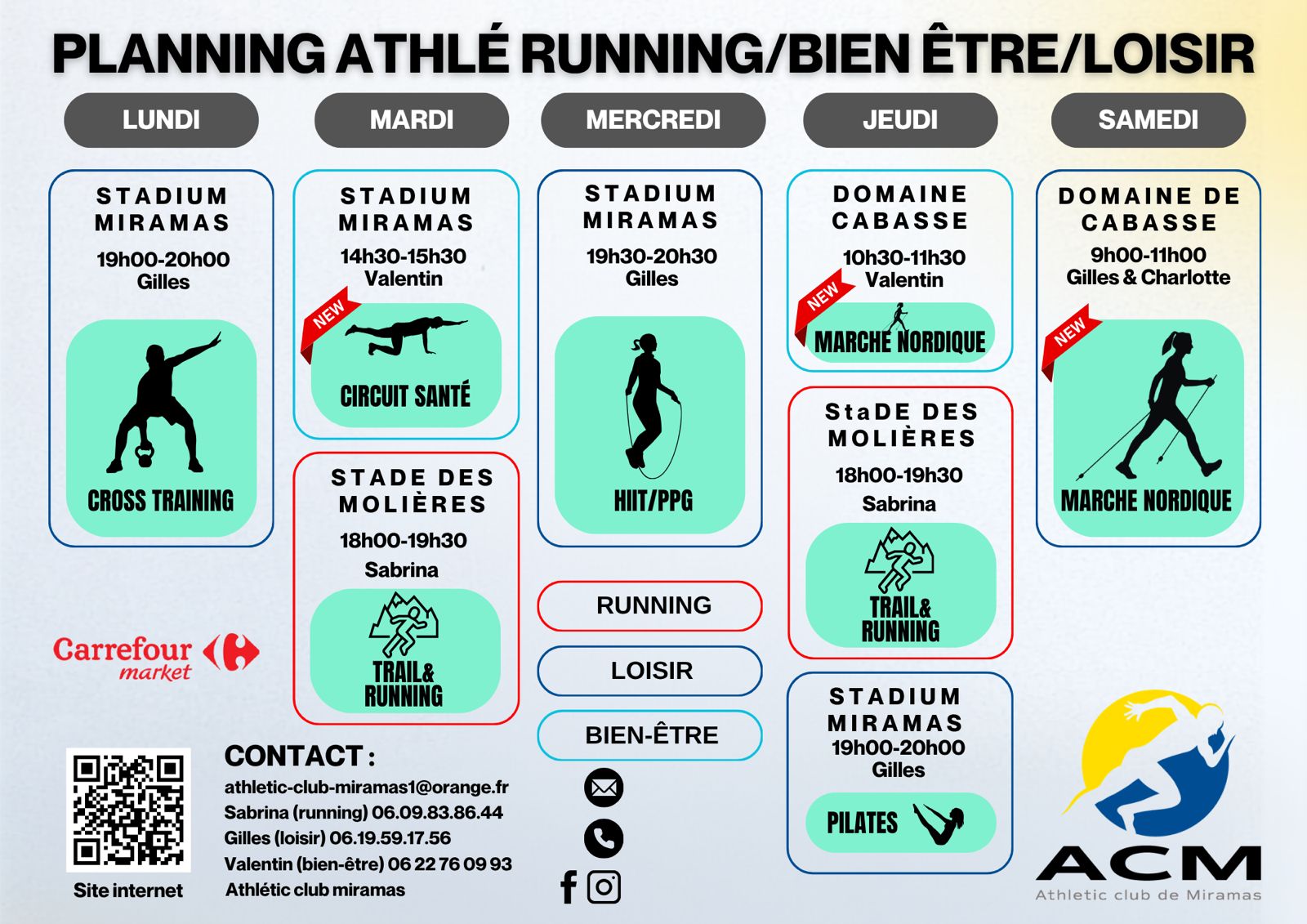 Planning des séances Athlé Running, Bien-être et Loisir de l'ACM, du lundi au samedi